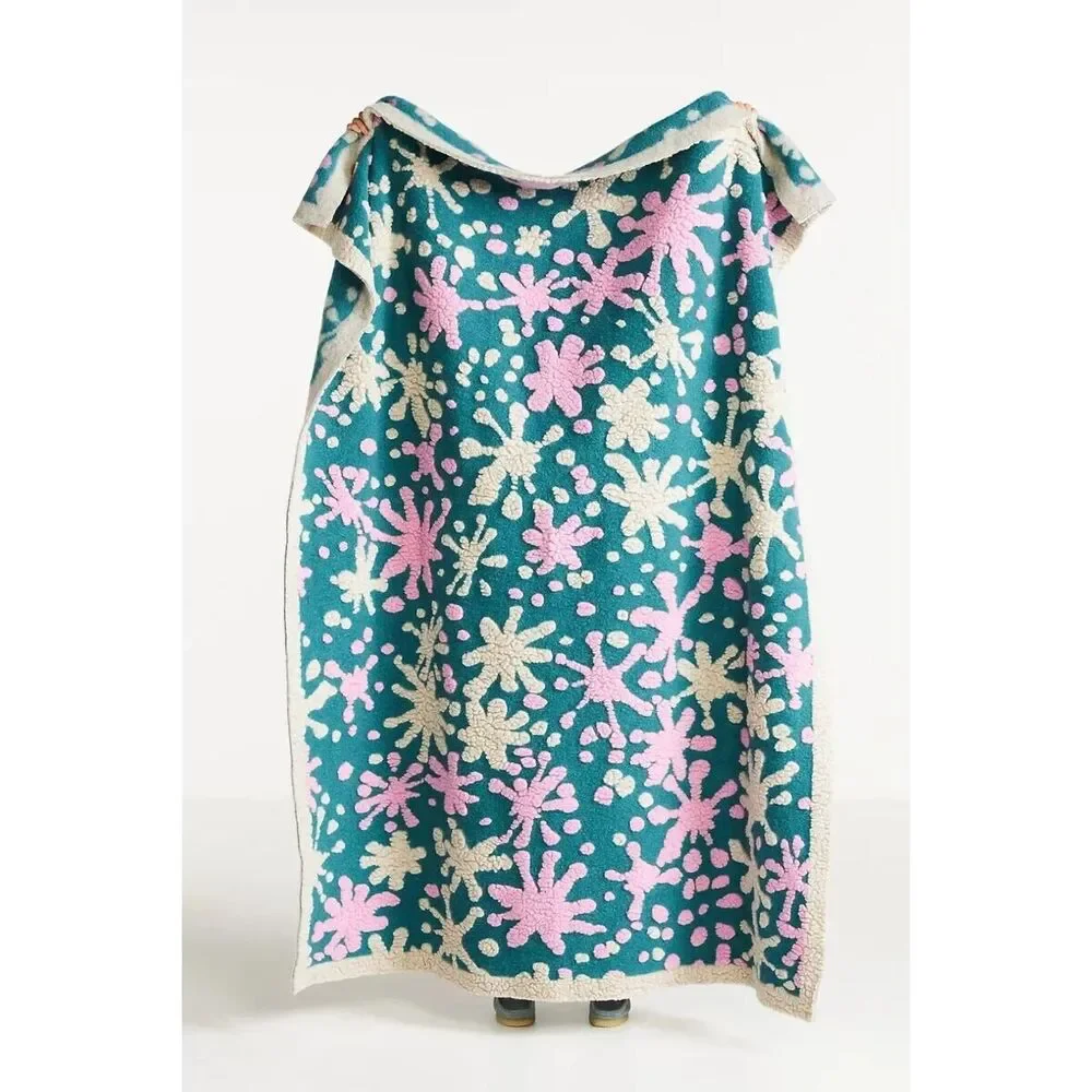 NEW Anthropologie Wool Blanket Throw ITALY Floral Boho Bright Large Green Pink